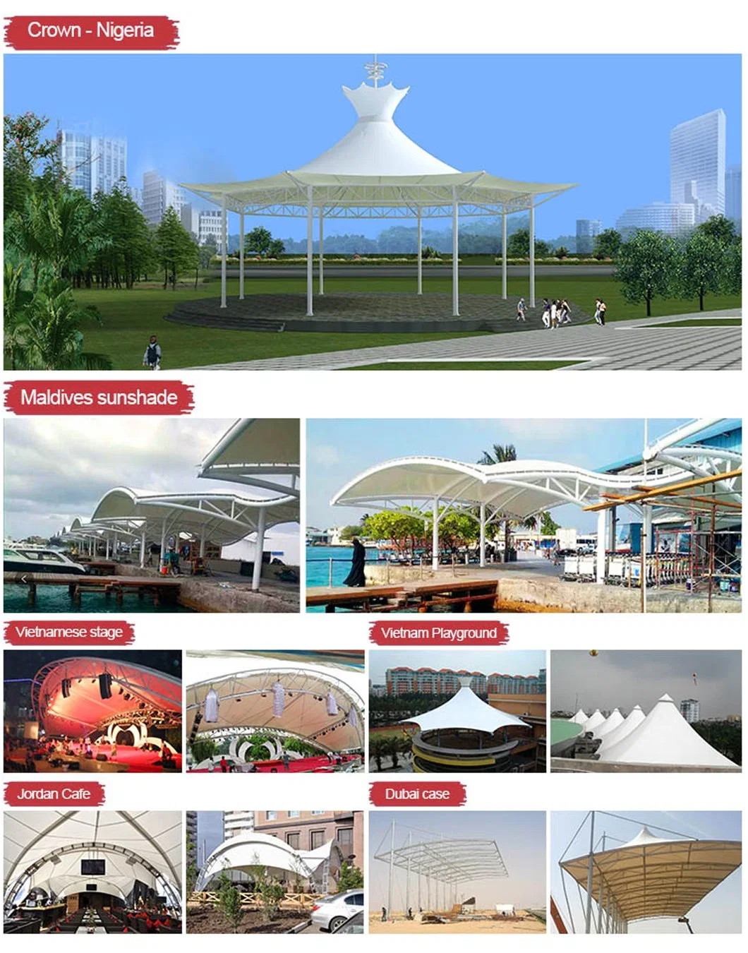 Architectural Design Outdoor PVDF PTFE Tensile Roof Cover Membrane Structure Shade